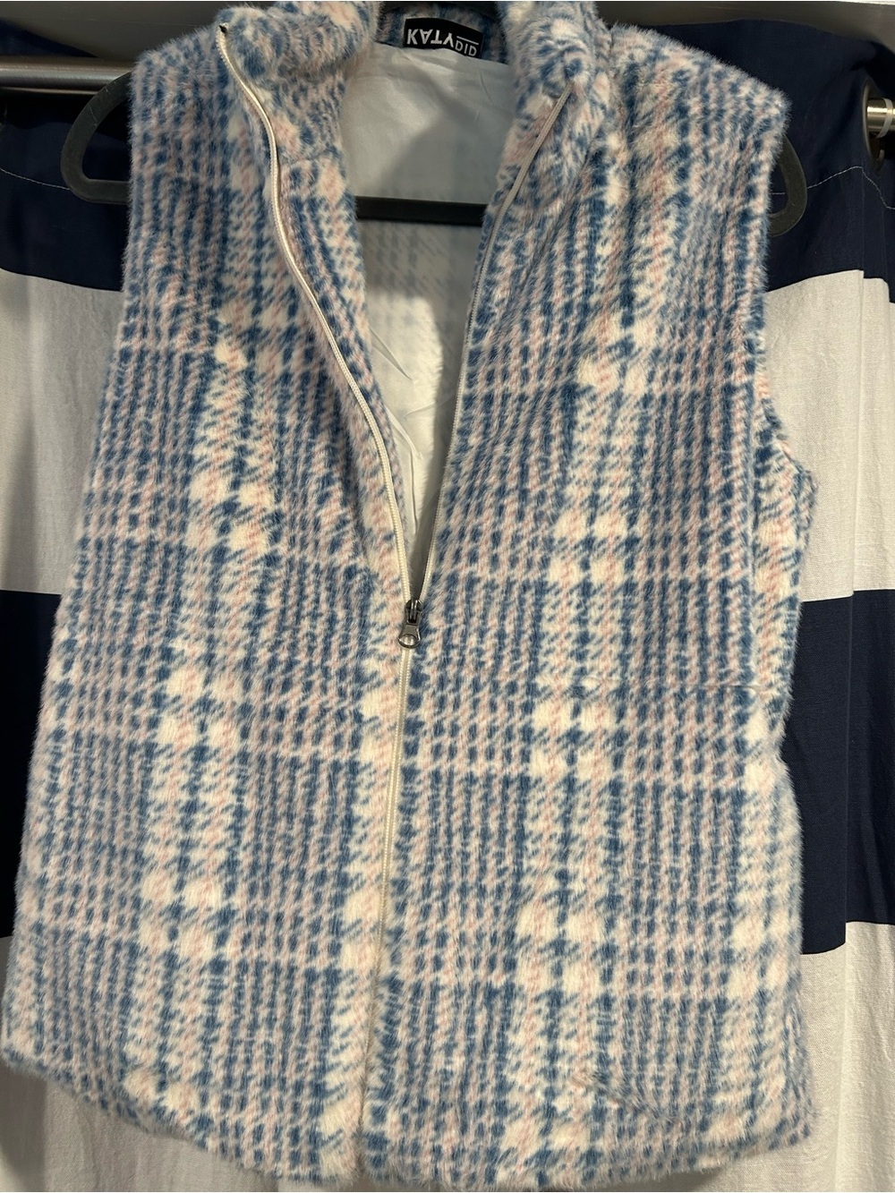 Katydid Blue, pink and Cream Plaid Faux-Fur Zip Vest